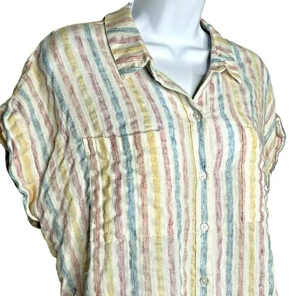 LUCKY BRAND Wms Sz L Pastel Stripe Tie Wrap Back Short Sleeve Top Blouse 7W45351 - Picture 4 of 11